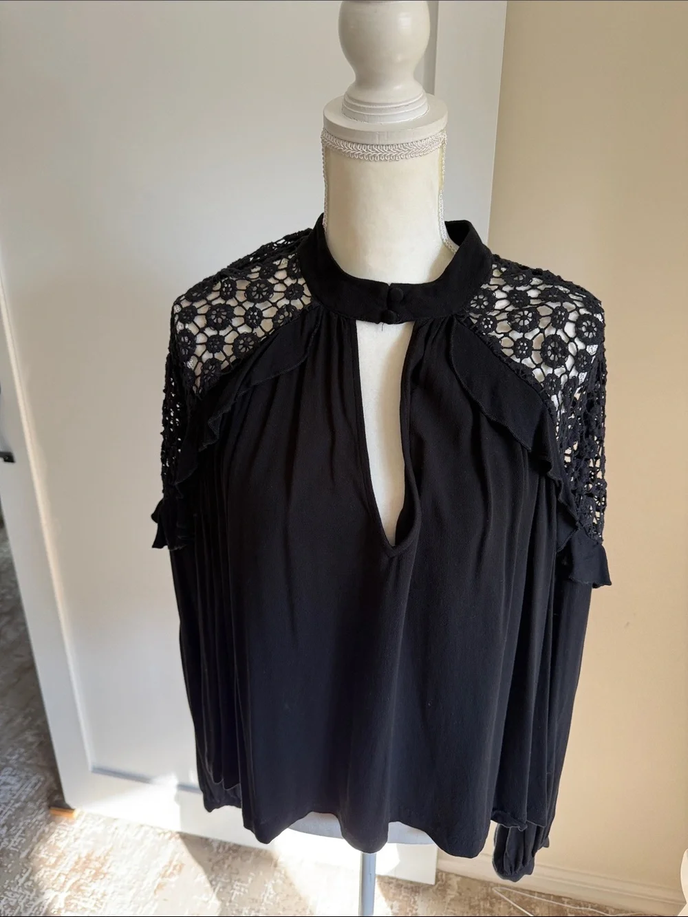 Free People Black Crochet Yoke Long-Sleeve Blouse